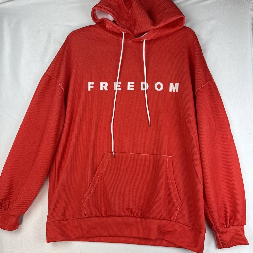 Freedom Hoodie Large Red Ribbed‎ Pullover Unisex